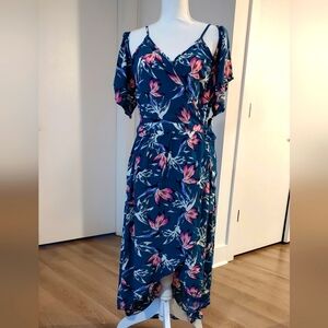 Xhilaration blue floral, cold shoulder, high low, wrap midi dress.